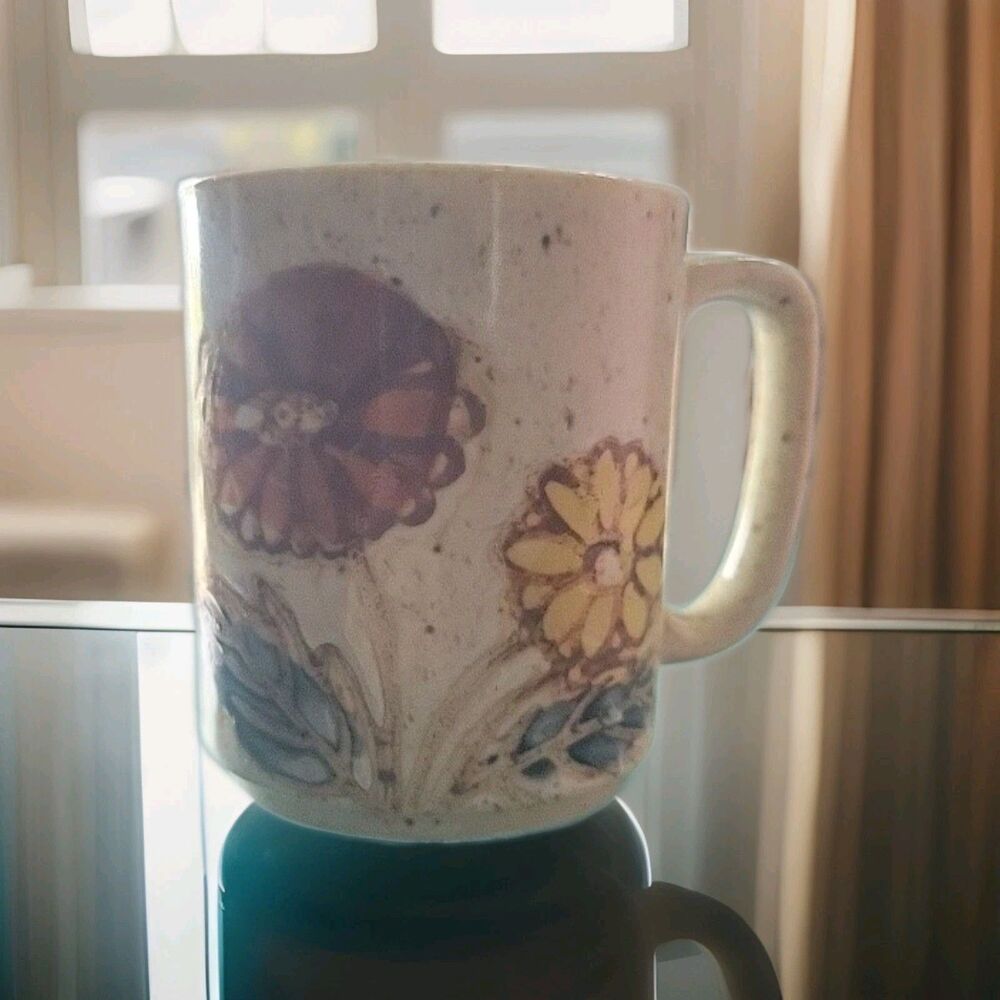 Vintage Japanese Otagiri Coffee Mug, Tea Cup, Blue Flower Speckled Stoneware